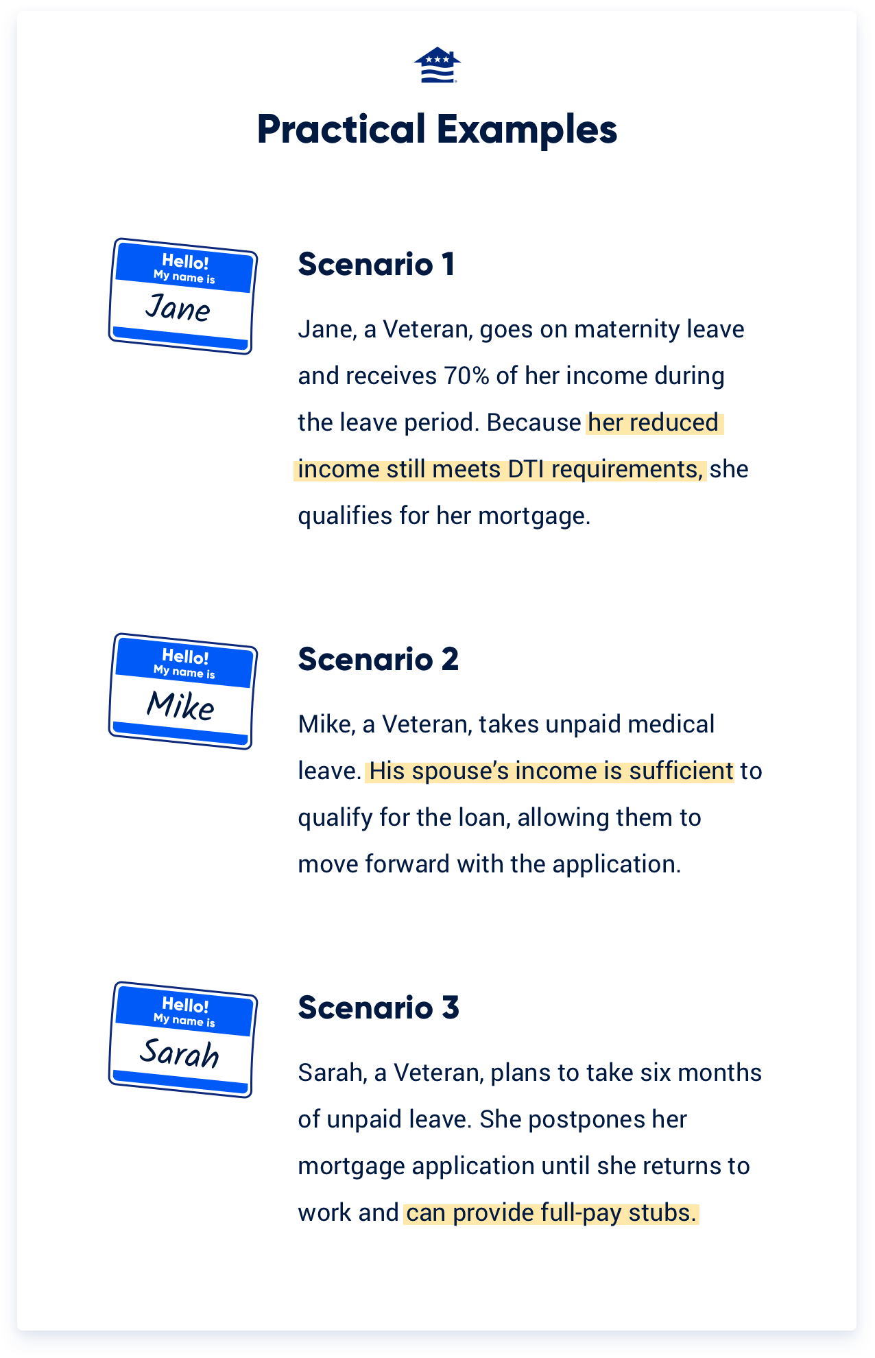 Three practical examples of what happens to a mortgage application when taking a leave of absence.