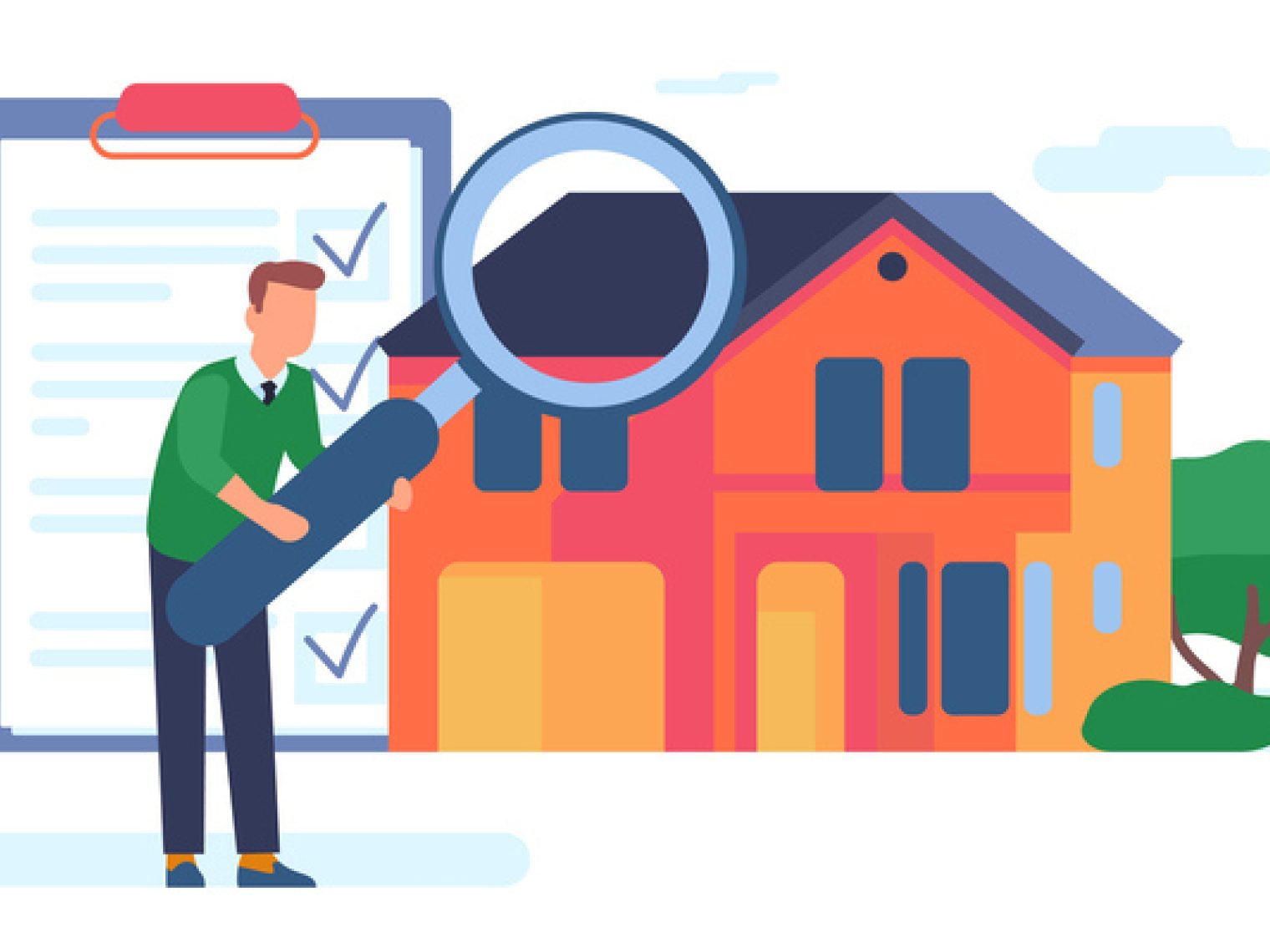 Illustration of a VA appraiser inspecting a home with a large magnifying glass, checking off boxes on a huge clipboard.