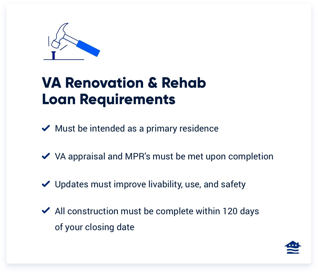 List of VA rehab and renovation loan requirements.